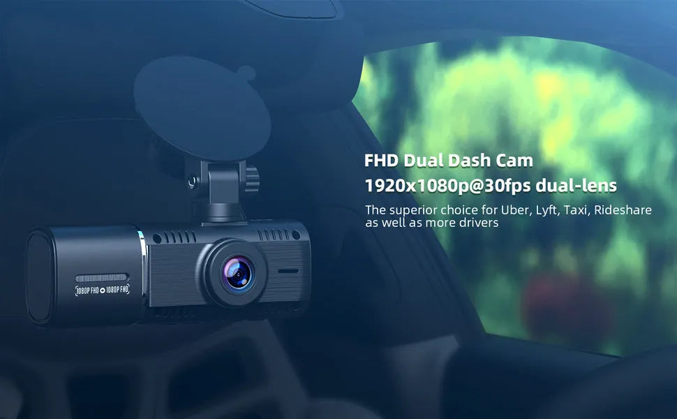 Standard black dual car dash cam on windscreen mount with 1.5-inch screen, showing wide-angle road view.