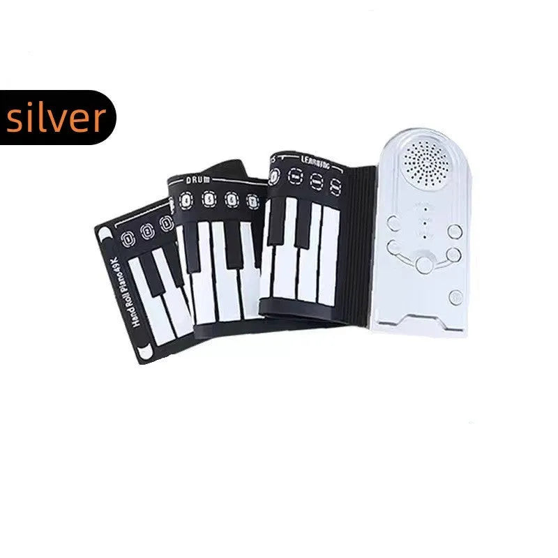 Portable folding electronic keyboard with 49 silicone rubber keys and built-in speaker in gloss black