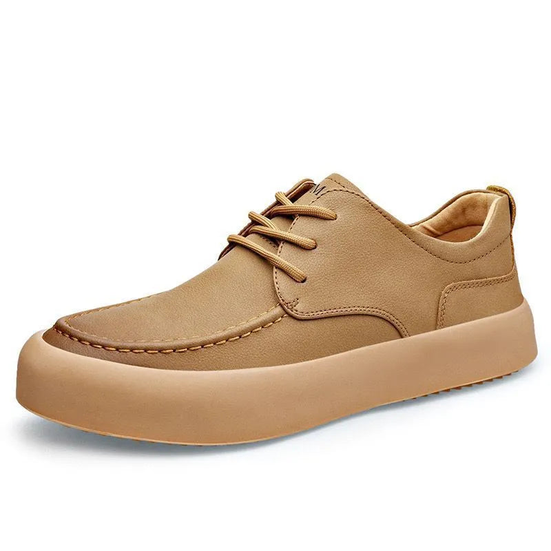 Men's brown casual lace-up platform shoes with round toe and flat heel design