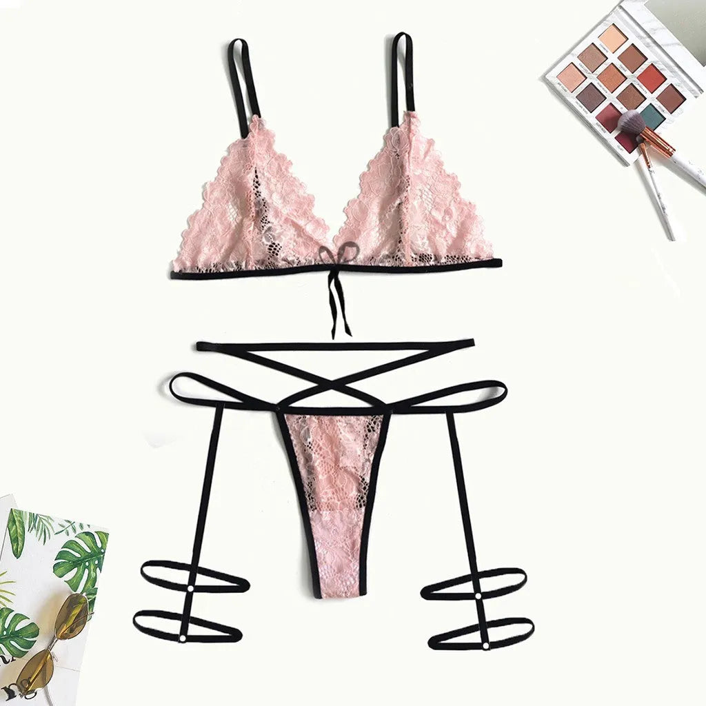 Pink three-point lace lingerie set with leg straps, nylon fabric, sizes S to 3XL