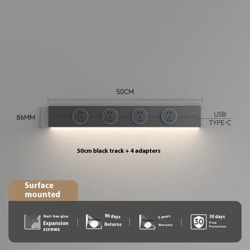 Induction lamp rail socket in black on a sideboard cabinet track with white background