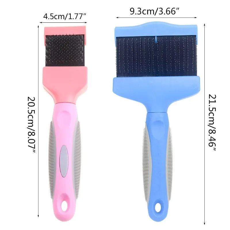 Double-sided pet brush with stainless steel pins and blue ABS handle for dog and cat grooming