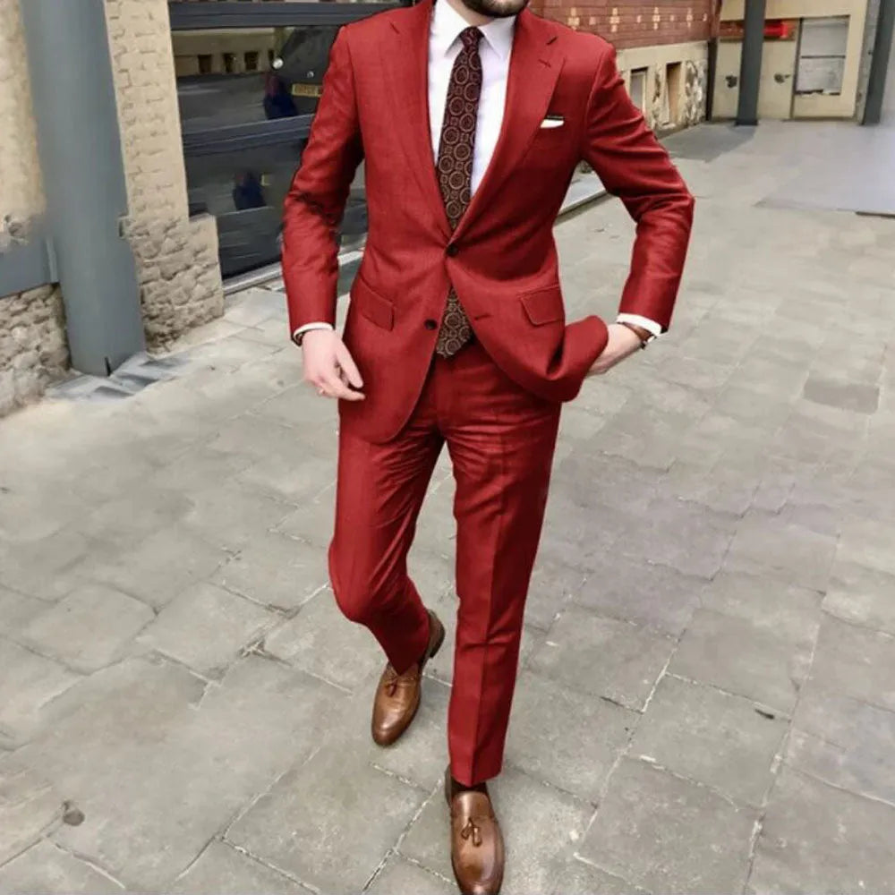Men's slim fit two-button acetate business suit in light purple, showing jacket and trousers.