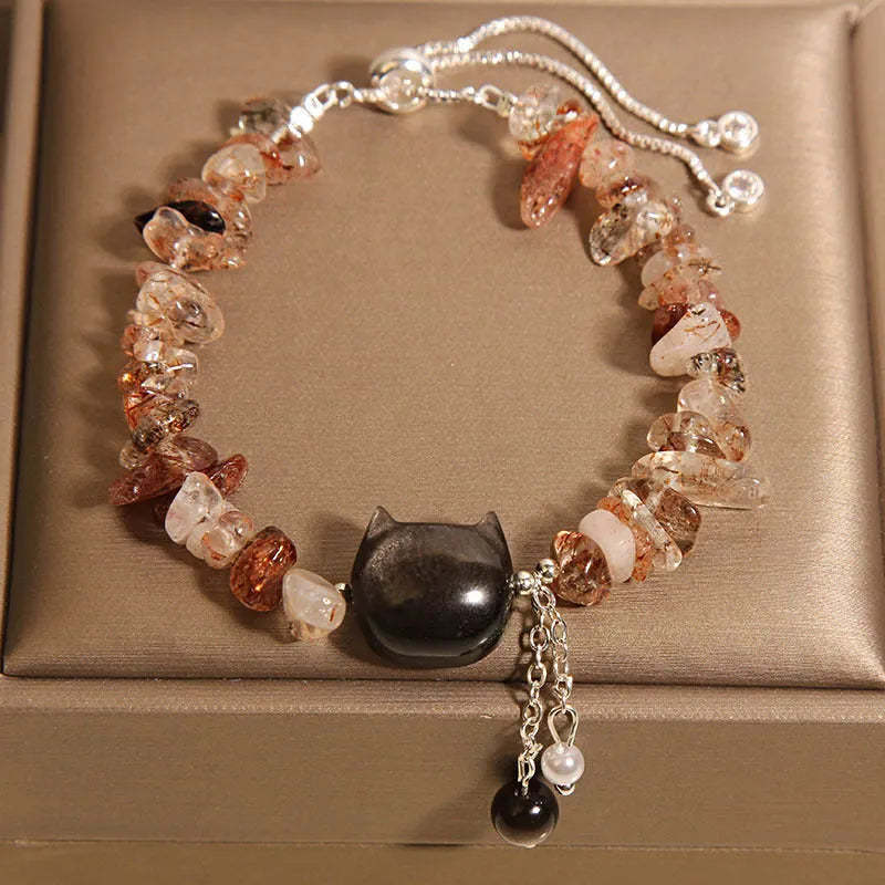 Crystal gravel kitten bracelet for women in pink crystal stone beads, light luxury style