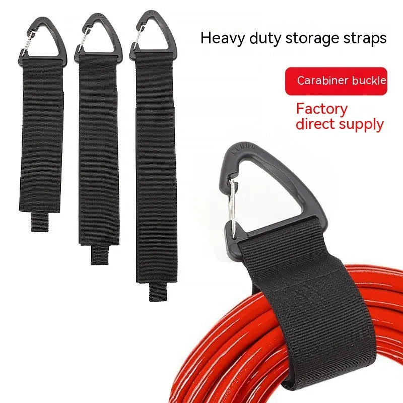 Black adjustable heavy-duty storage strap with gravity climbing button and silver D-ring carabiner hook.