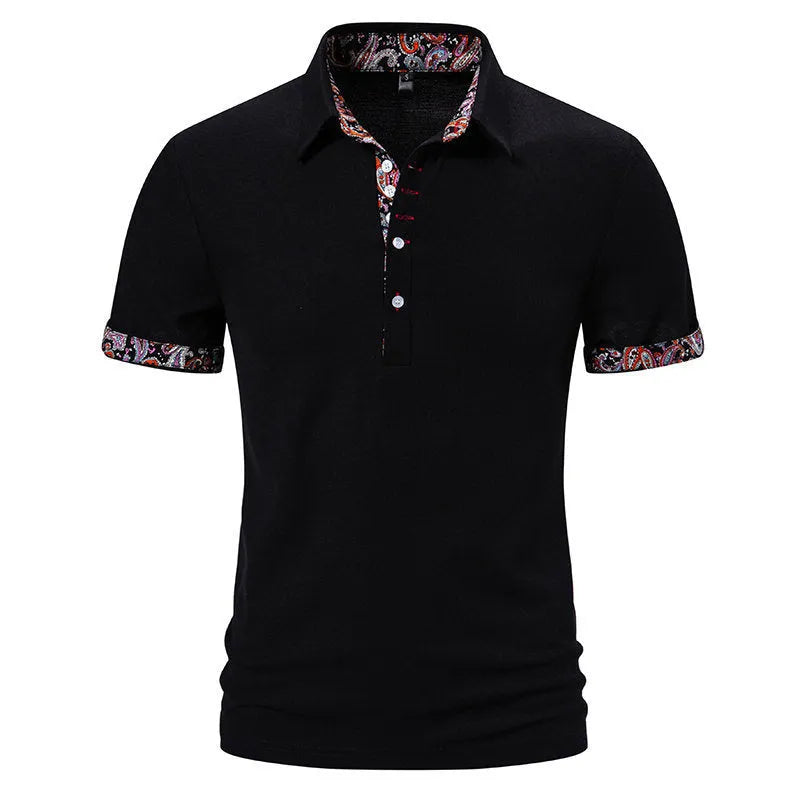 Men's navy blue polo shirt with turnover collar and contrast colour stitching on short sleeves.
