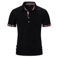 Men's navy blue polo shirt with turnover collar and contrast colour stitching on short sleeves.