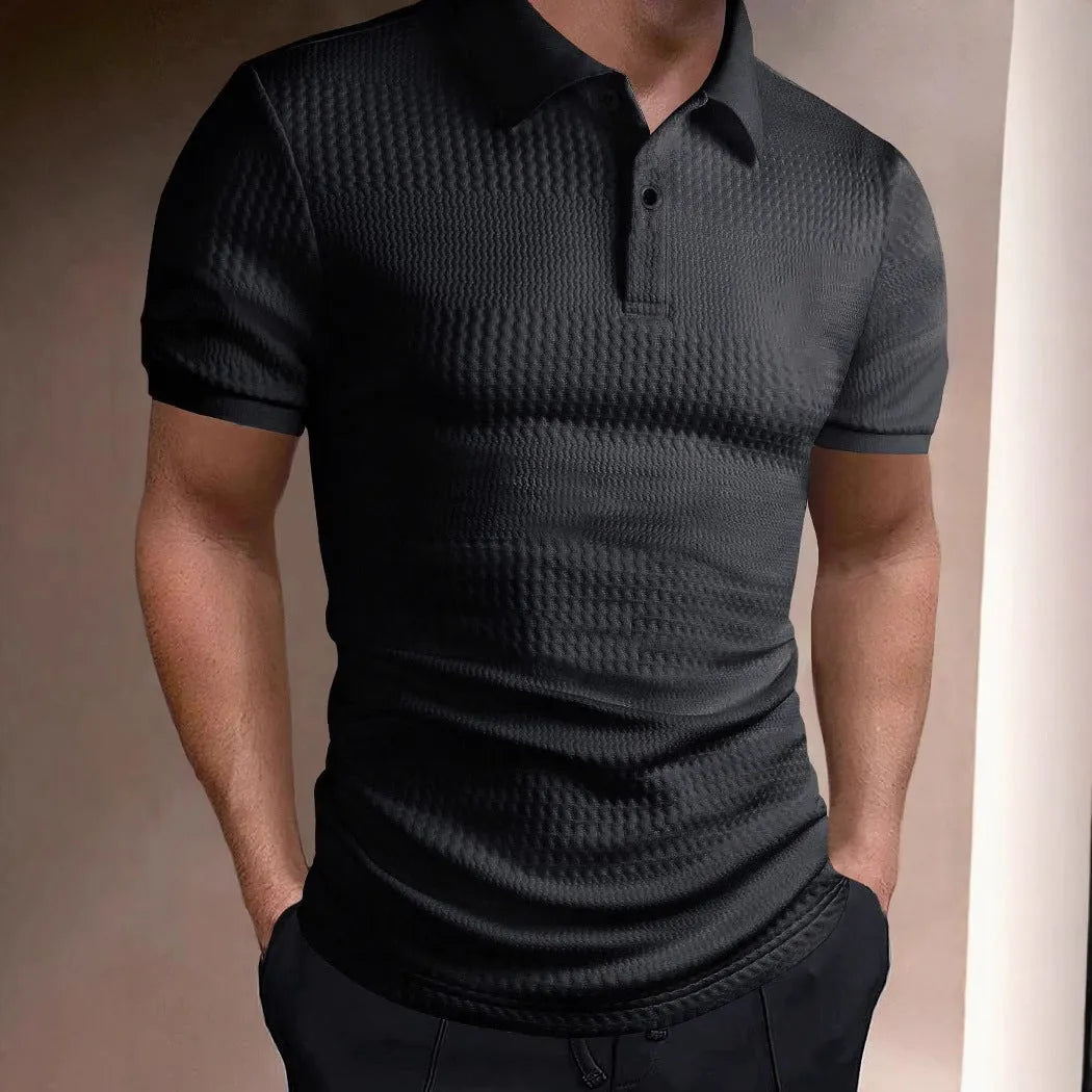 Men's striped loose fit polo shirt in light blue with asymmetric detail and short sleeves