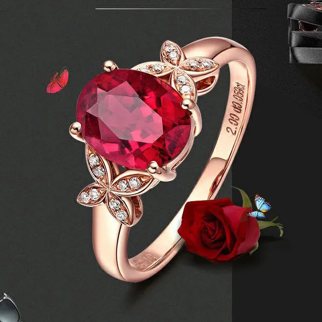 Women's copper butterfly and heart shape ring with 18k rose gold plating in red and blue colour options.