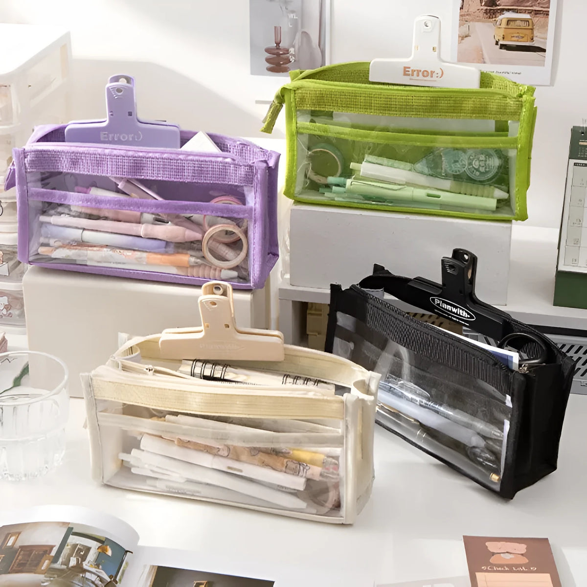 Large capacity transparent canvas pen bag with six-layer layout in Smoked Coat Purple for primary school stationery