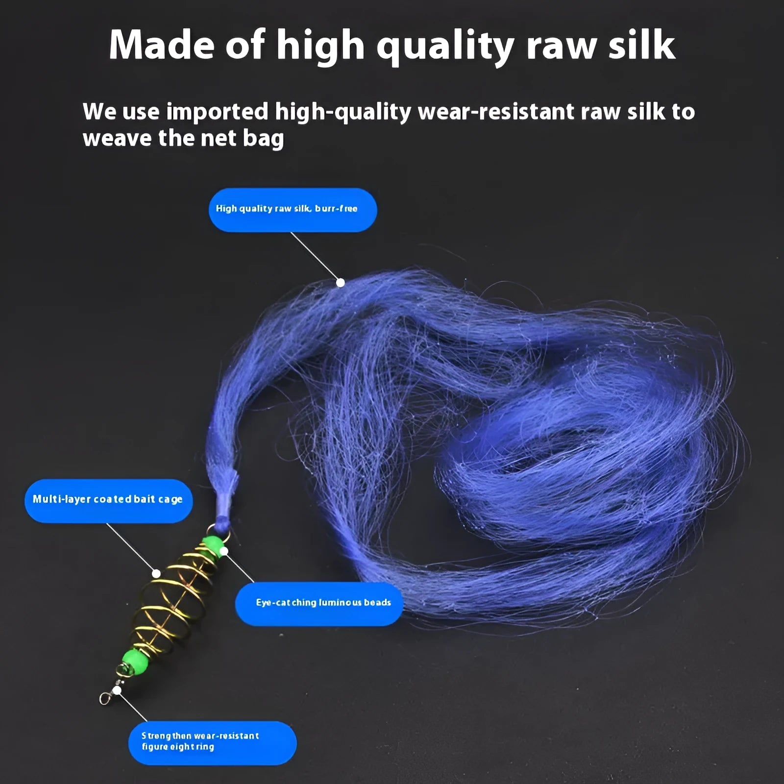 Fishing net with hand sprinkle hook and spring bait mechanism on a nylon net with metal frame.