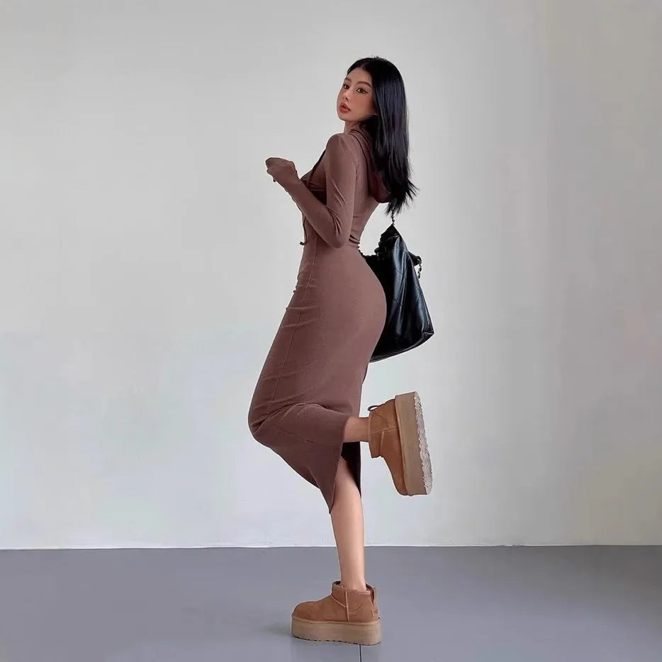 Women's long sleeve hooded sheath dress in light grey, a pullover style with a high waist.