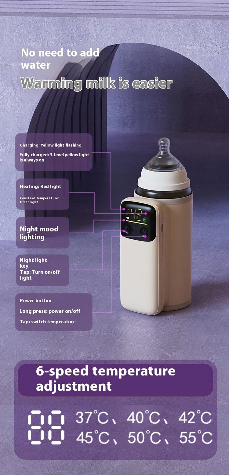 Universal baby bottle insulation warmer with grey sleeve and digital display showing temperature