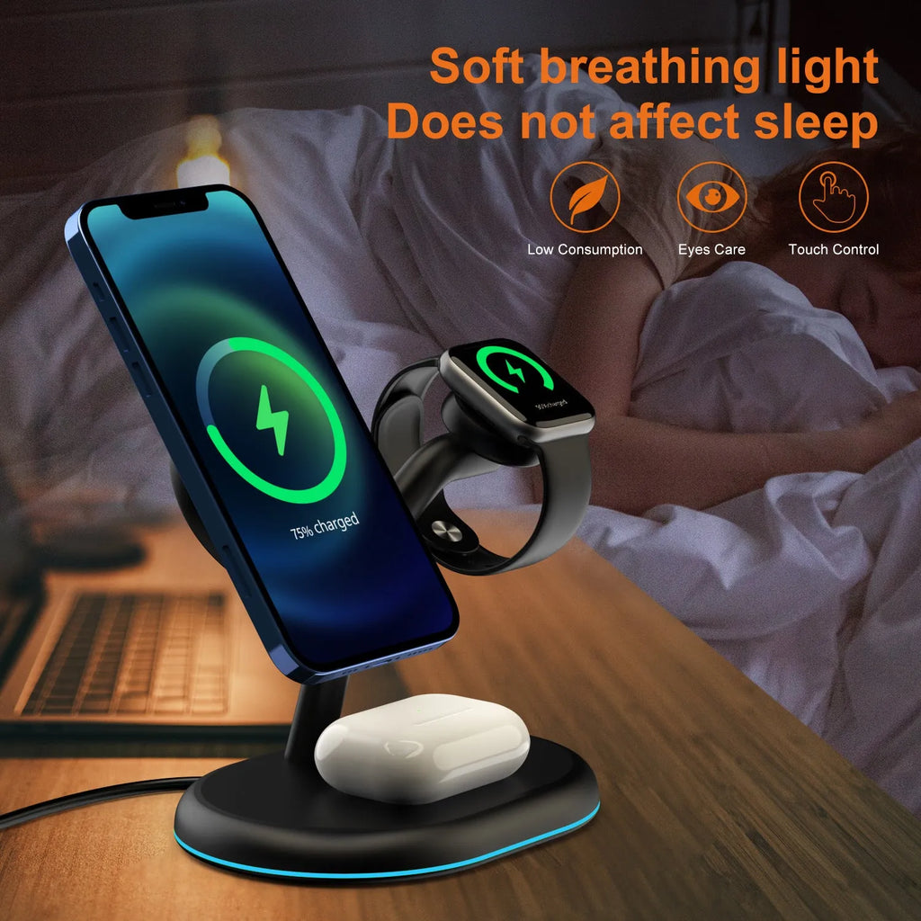 Black three-in-one magnetic wireless charger with iPhone, Apple Watch, and AirPods case placed on charging pads