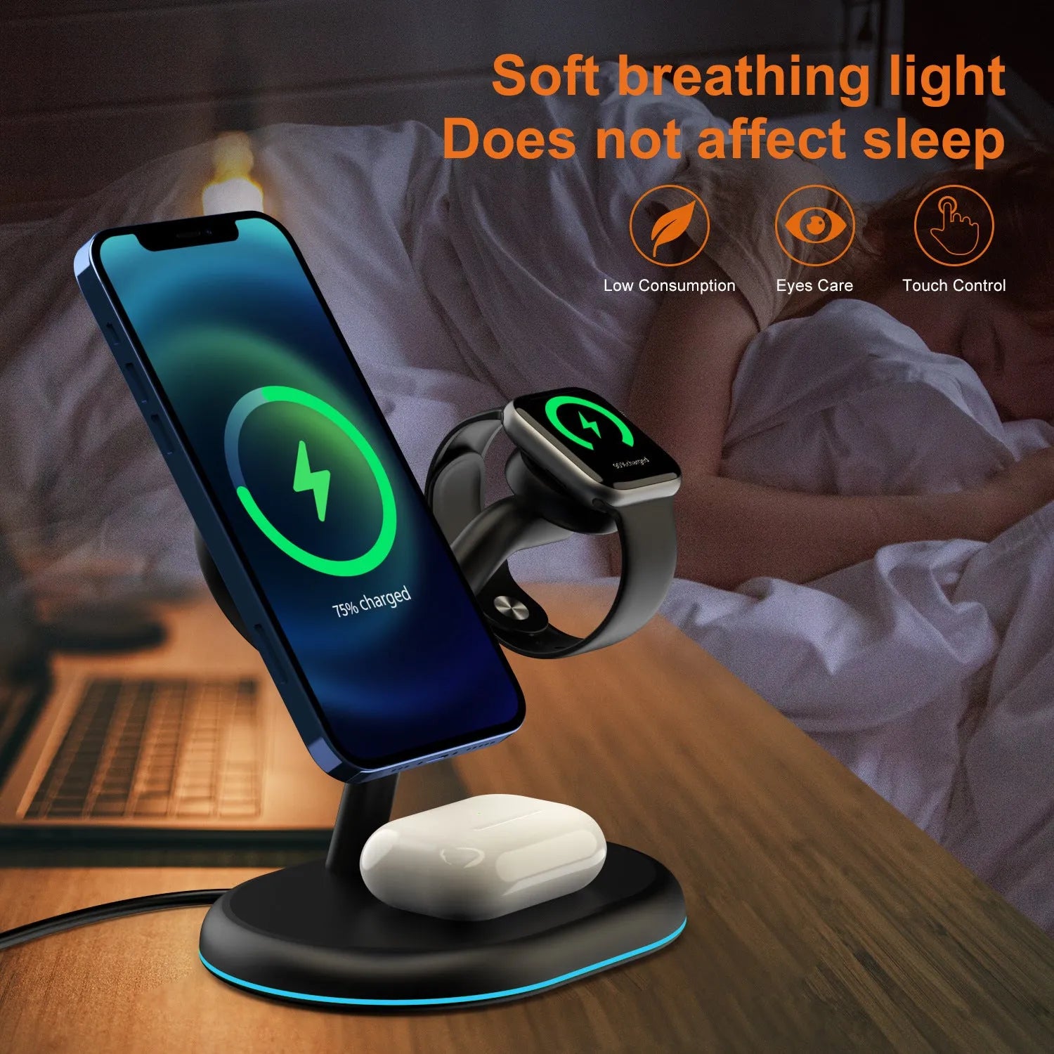 Black three-in-one magnetic wireless charger with iPhone, Apple Watch, and AirPods case placed on charging pads