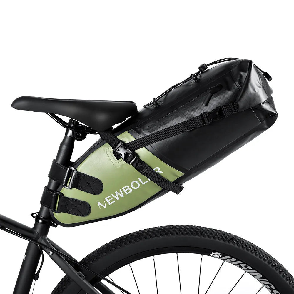 Yellow waterproof PVC bicycle tail bag mounted on a bike seat, showing its 58cm length and mounting straps.