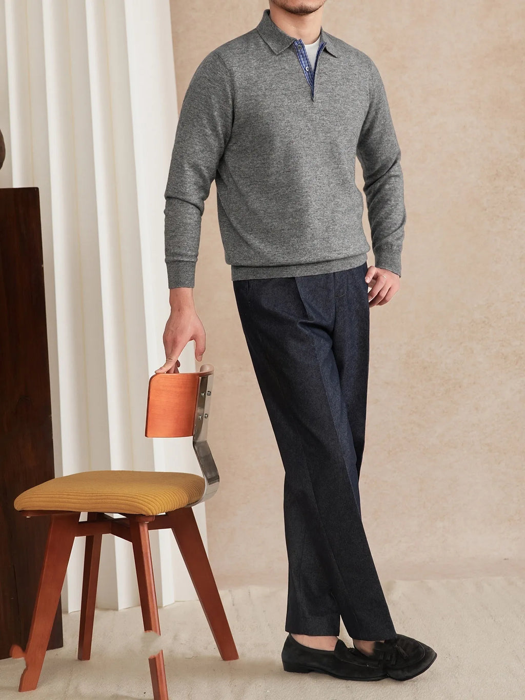Slim-fit lapel polo shirt in dark blue, wool knitted long sleeve pullover with button placket