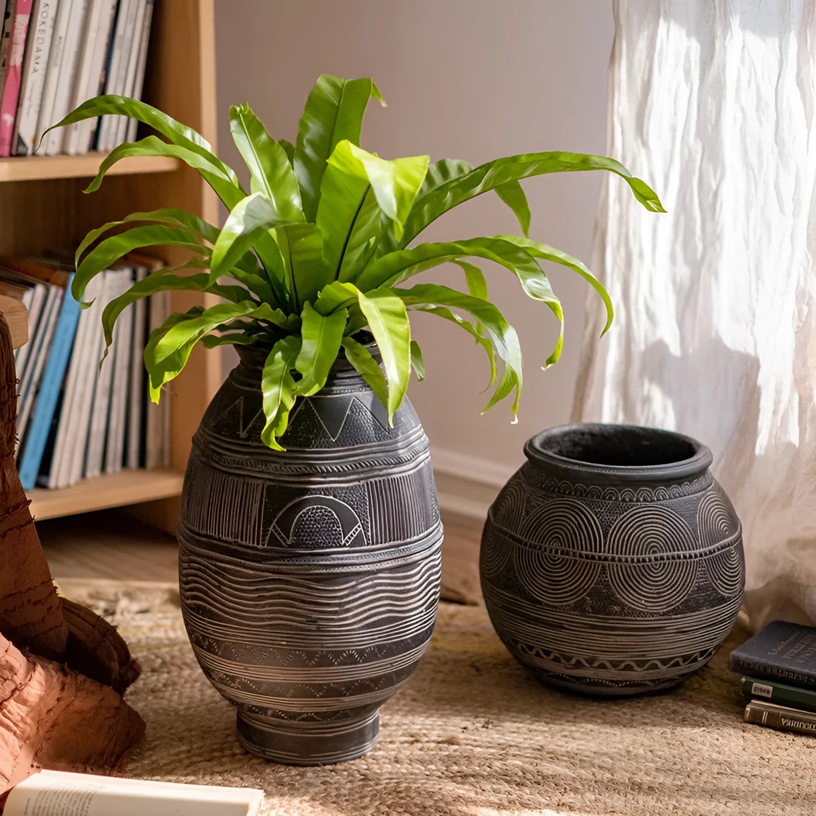 Medium cement flower pot with African ancient tank design and punched drainage base