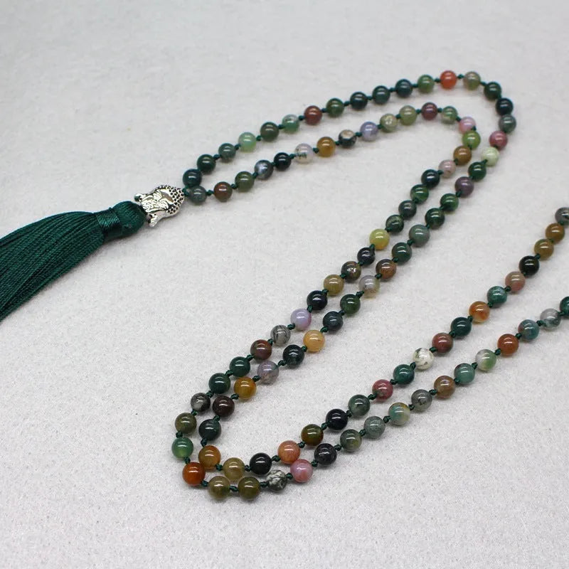 Indian agate 108-bead blessing necklace with 6mm geometric stones on a cord.
