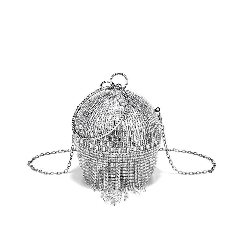 Shining rhinestone round tassel dinner bag in black with document pocket
