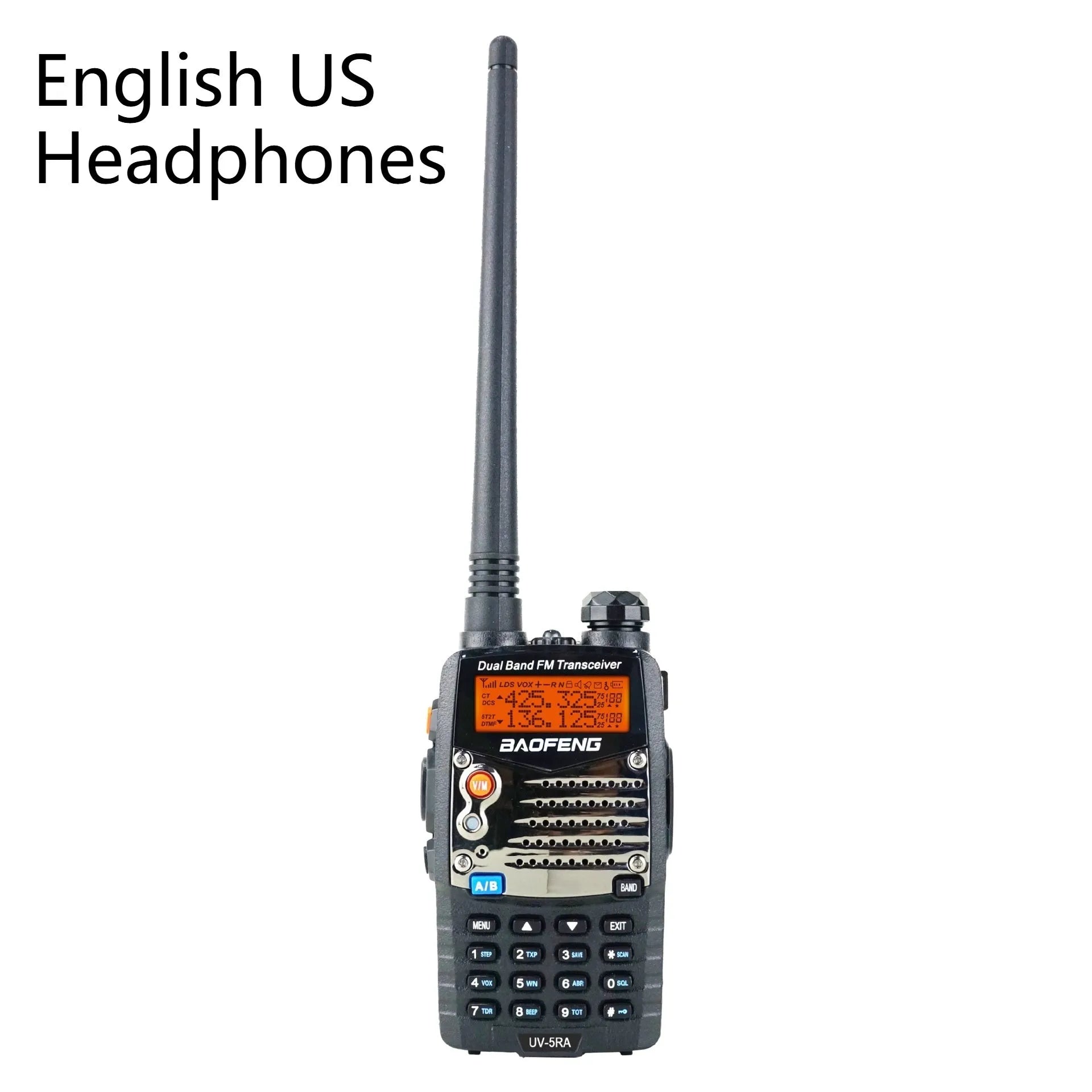 Baofeng UV-5RA black handheld dual-band two-way radio with dual display screen and keypad.