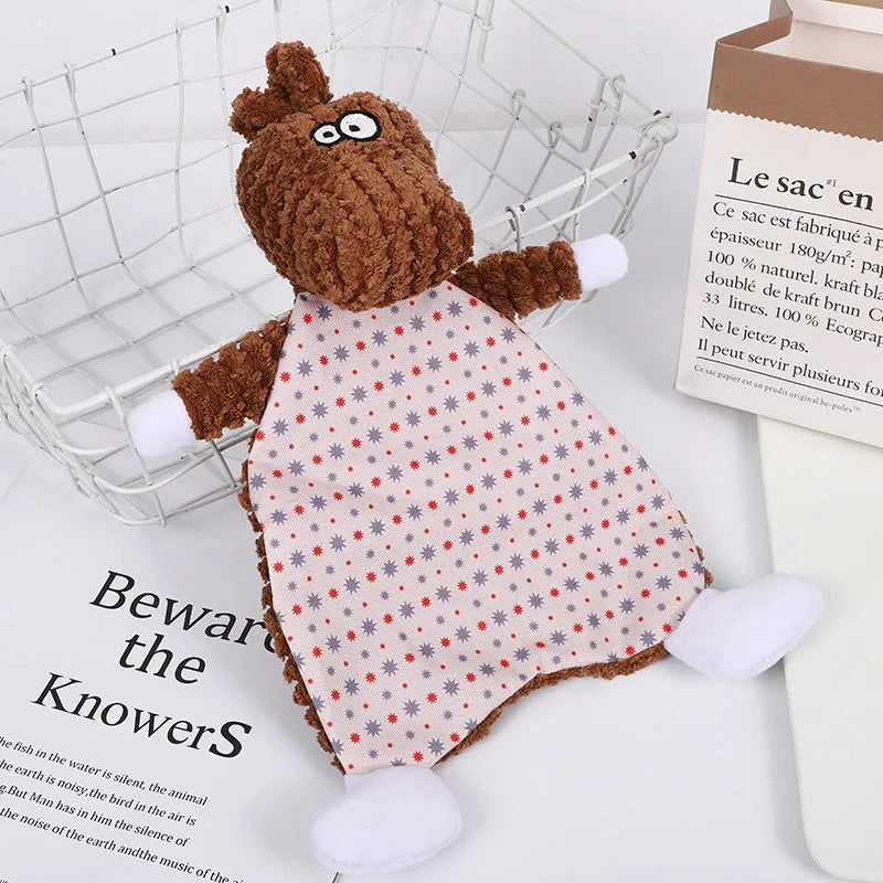 Brown, grey, or orange velvet plush pet toy shaped like a fox elephant with crinkly sound paper inside