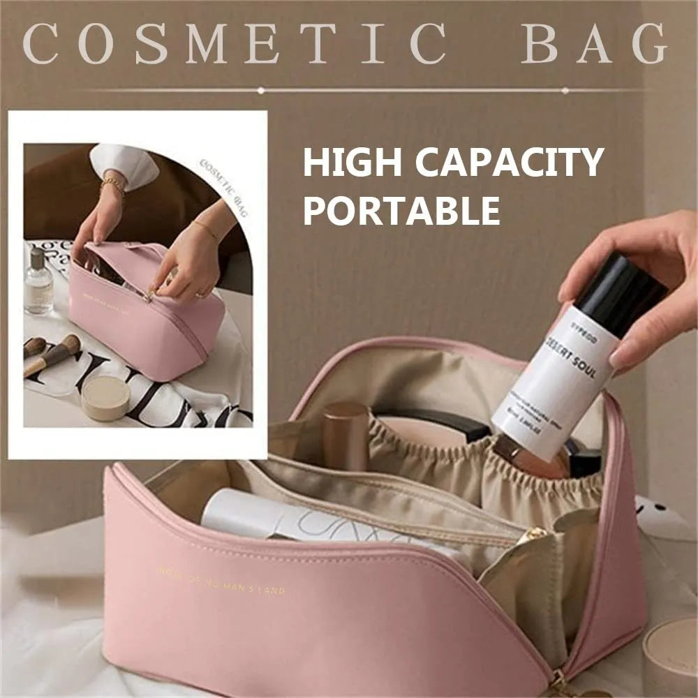 Large capacity PU leather travel cosmetic bag with handle, double-layer design, wire-inserted opening, black colour