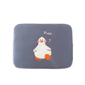 Blue cotton tablet case with embroidered cartoon duck design and a silver zipper.