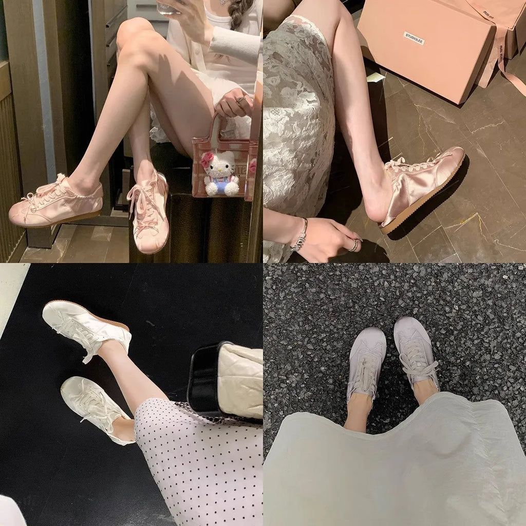Women's satin ballet flat shoes with round toe and lace-up front in champagne pink colour
