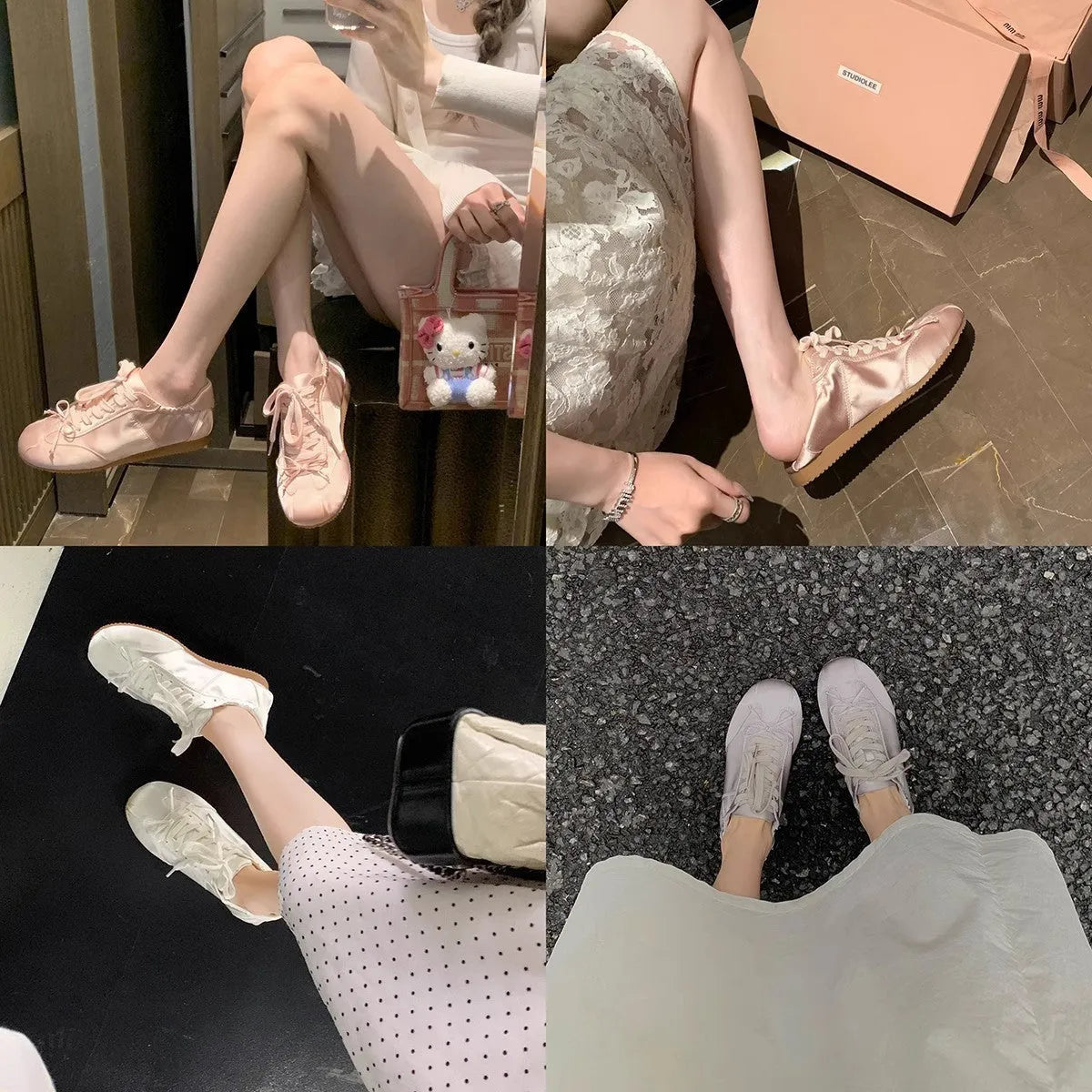 Women's satin ballet flat shoes with round toe and lace-up front in champagne pink colour