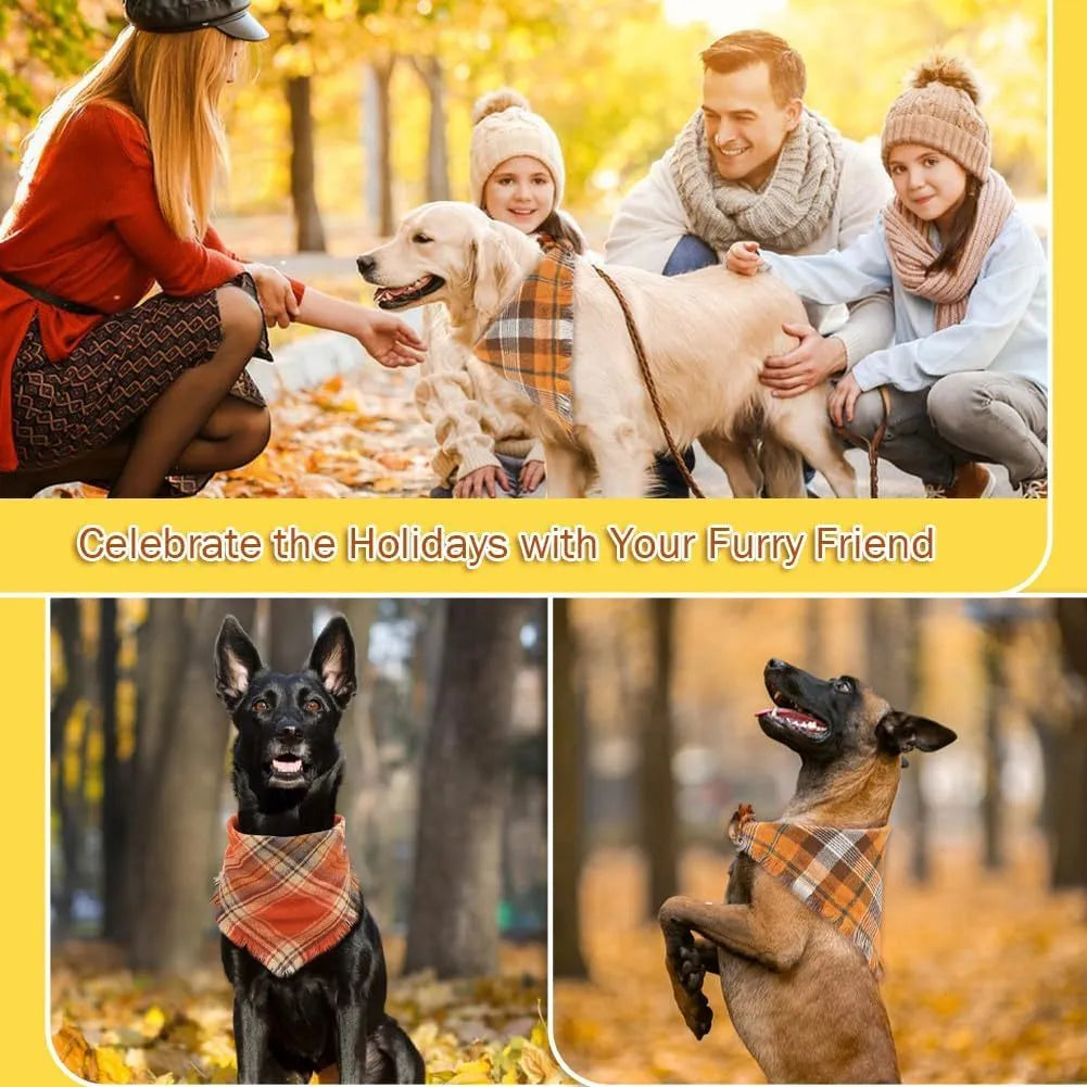 Plaid triangle dog bandana with tassels in autumn colours like orange and brown