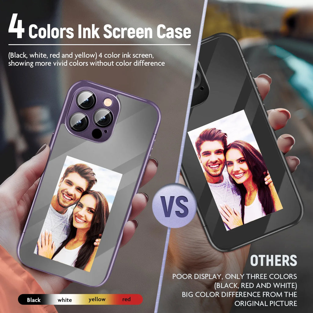 Black and Purple iPhone 15 Pro Max flip case with a customisable NFC ink screen on the front.