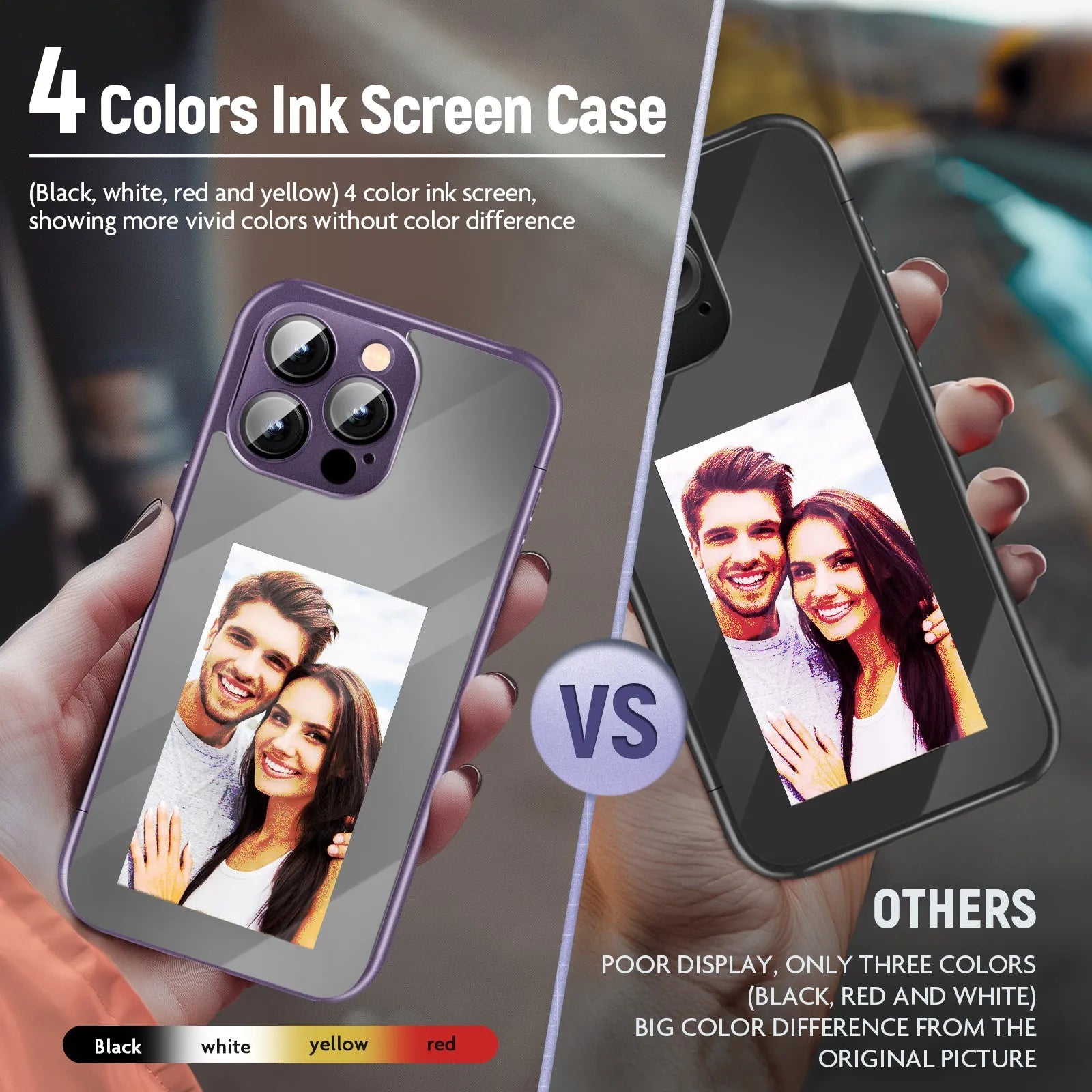 Black and Purple iPhone 15 Pro Max flip case with a customisable NFC ink screen on the front.