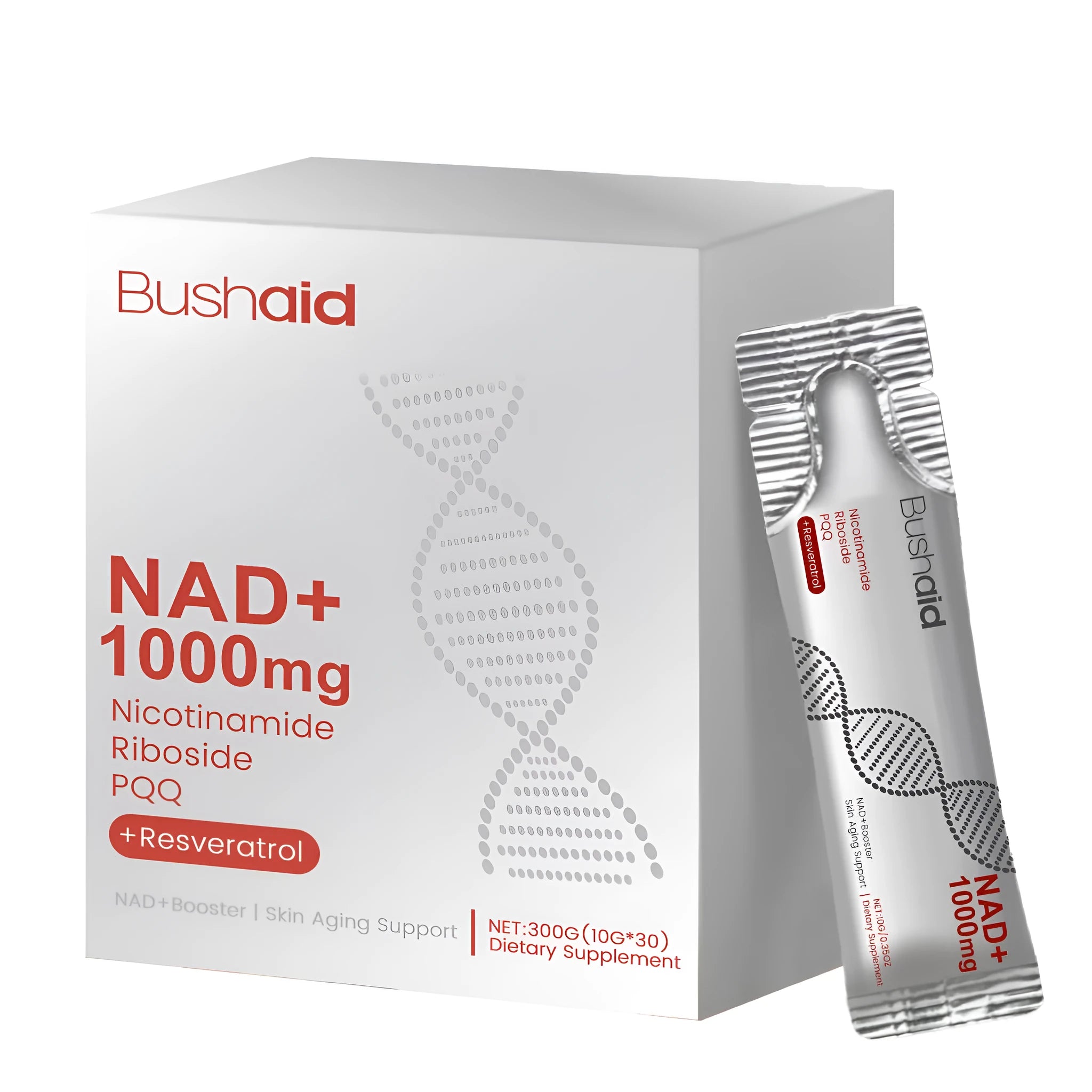 Jar of anti-aging drink supplement powder with nicotinamide riboside and PQQ, 300g total weight