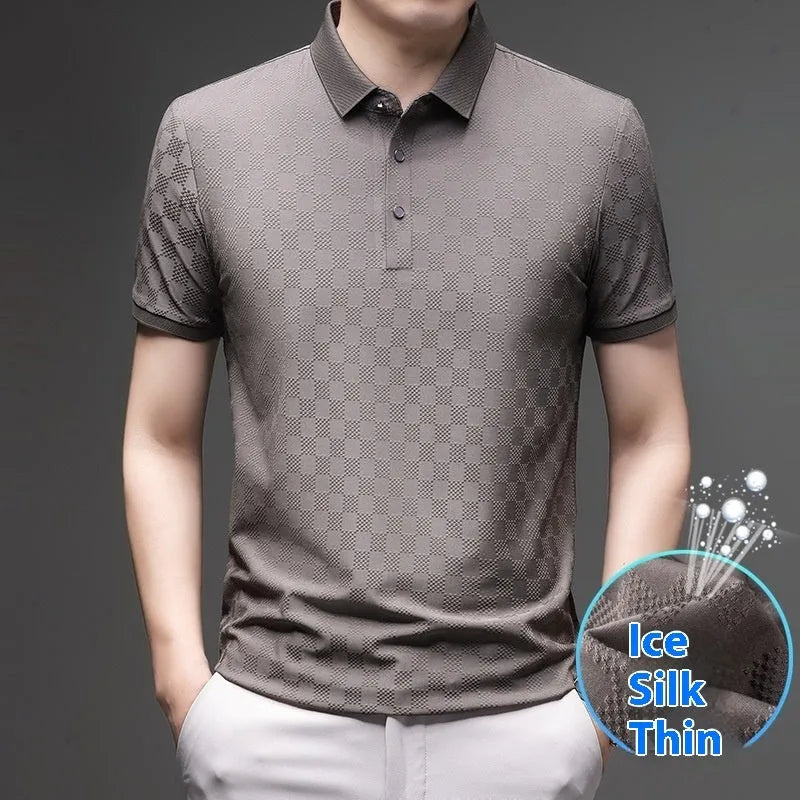 Men's thin rhombus knit short sleeve T-shirt in black, shown with a slit hem detail.