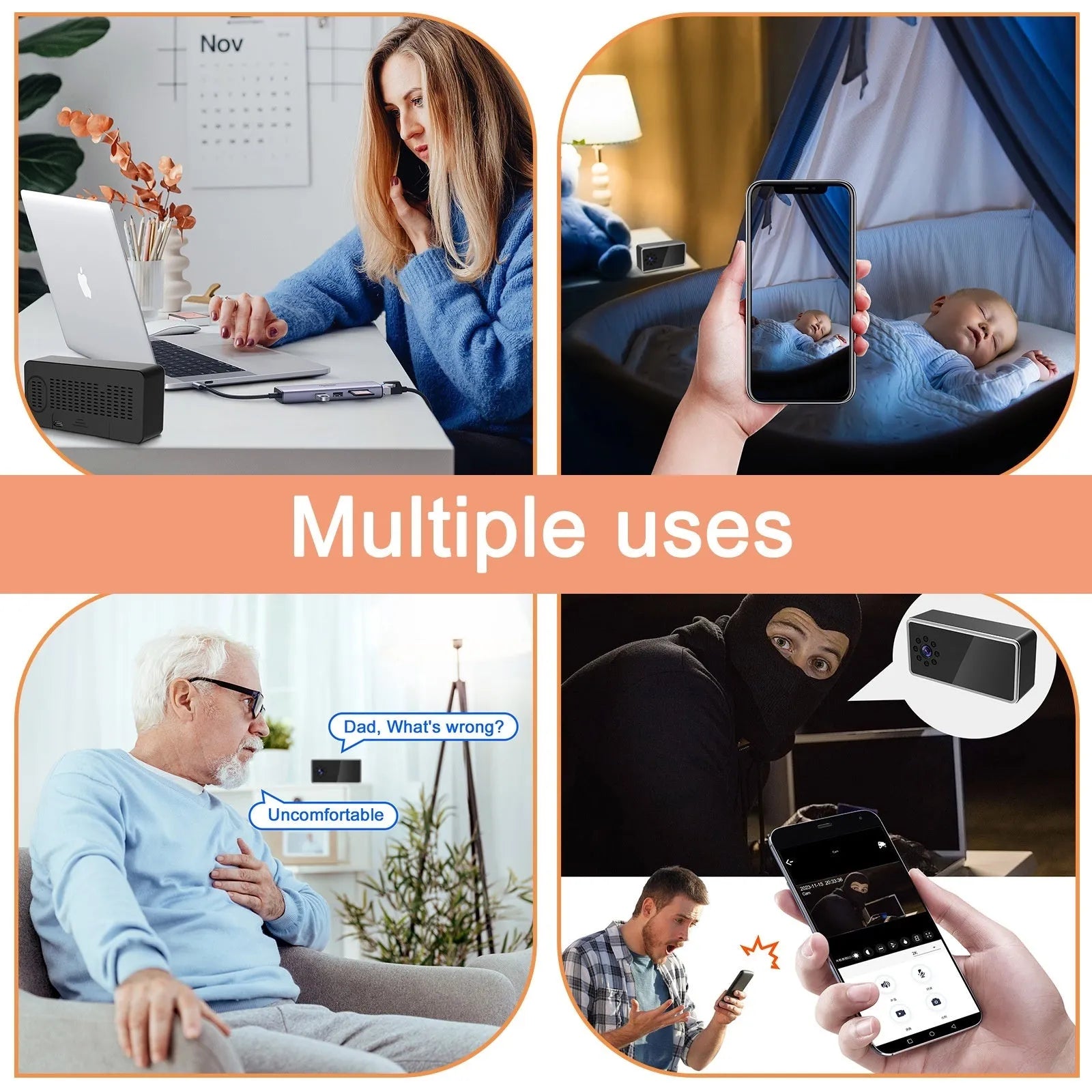 Compact wireless home surveillance camera on a table