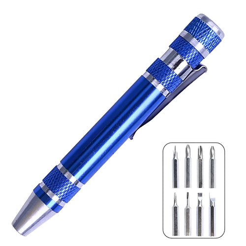 8-in-1 aluminium alloy pen-type screwdriver set with multiple coloured handles and nickel-plated cutter heads