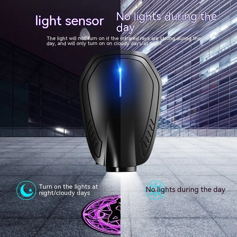 Black F2 rechargeable wireless car welcome light with magnetic base and USB charging port.