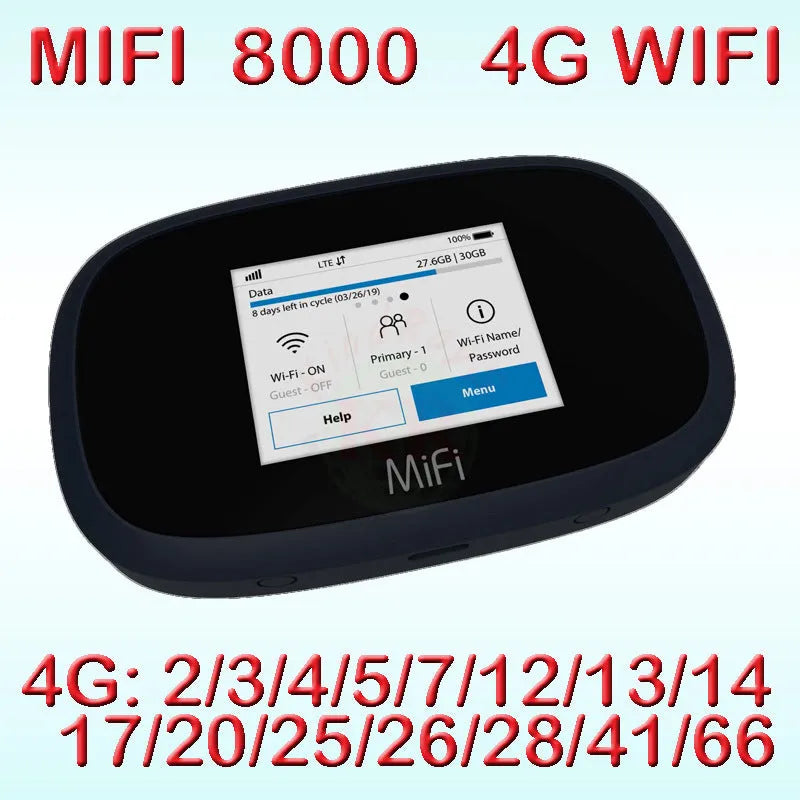 Black mifi8000 4G portable WiFi router with removable battery on a table