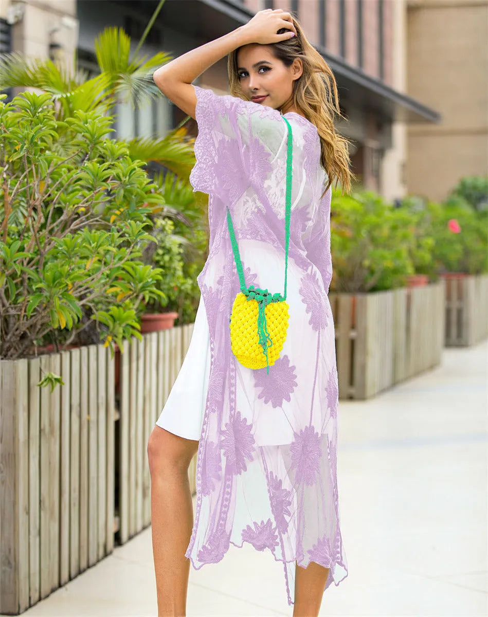 Light purple lace embroidery beach cover-up dress with cotton lining shown as swimwear outer layer