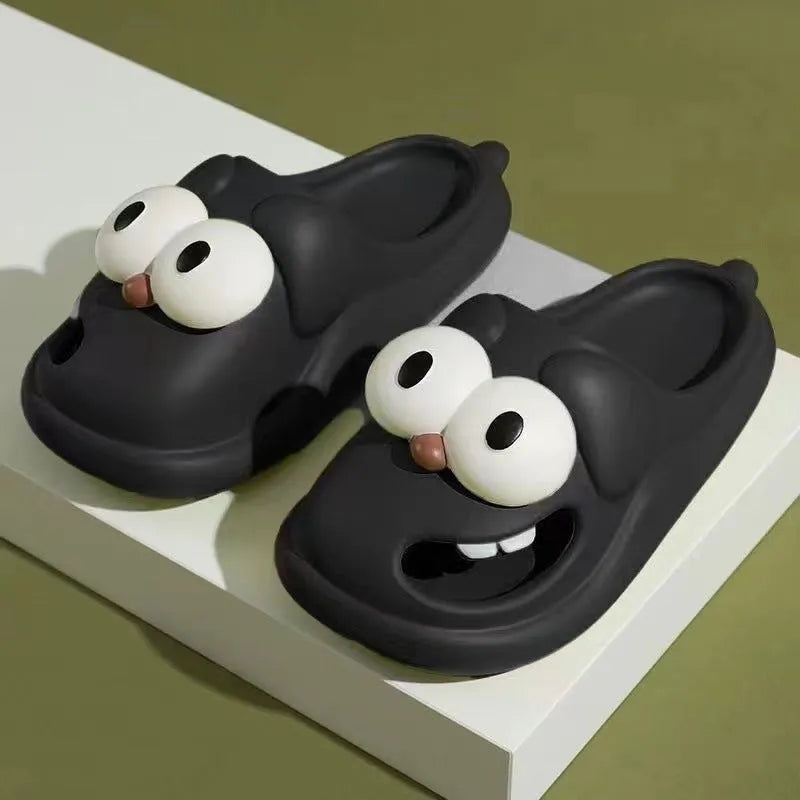 Cartoon big eye dog slippers for women in green, PVC upper, indoor house shoes