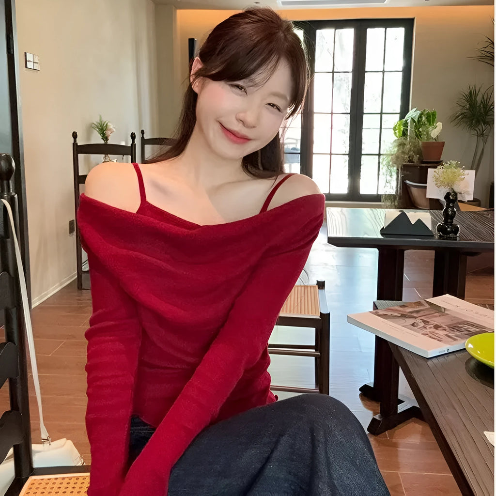 Fashion fake two-piece off-shoulder long sleeve women top in polyester with ruffle detailing, oatmeal colour