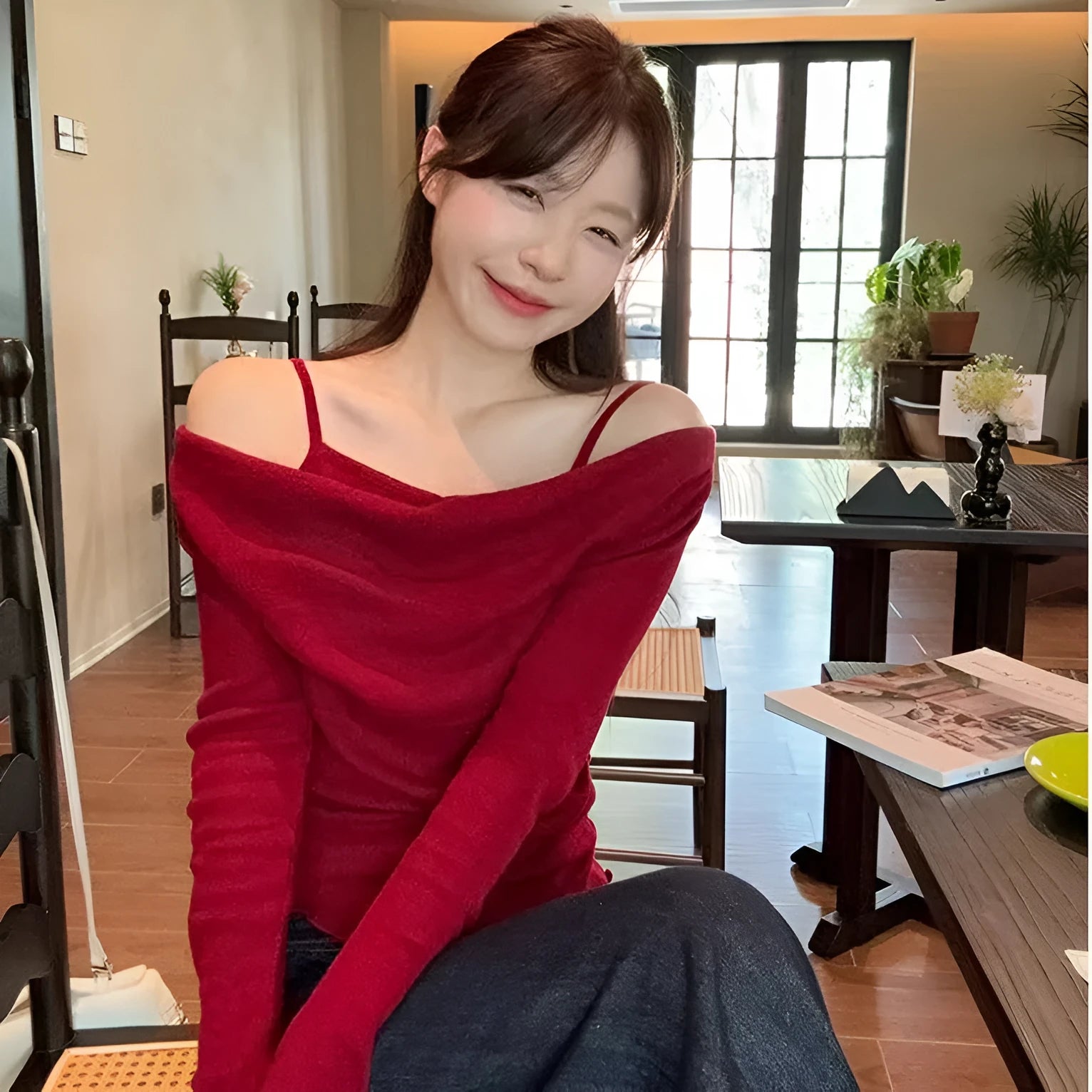 Fashion fake two-piece off-shoulder long sleeve women top in polyester with ruffle detailing, oatmeal colour