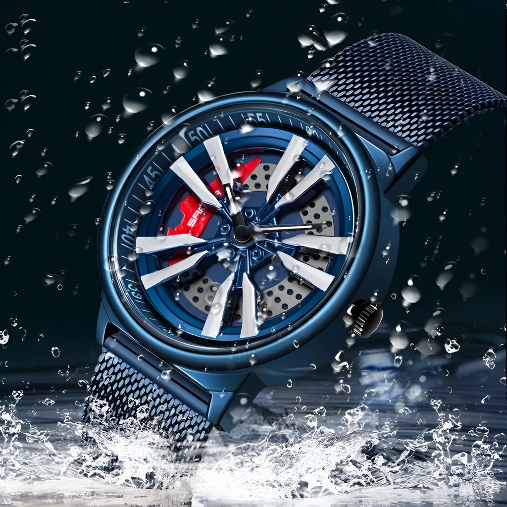 Men's creative rotating wheel quartz watch with blue dial and steel strap, 44mm alloy case