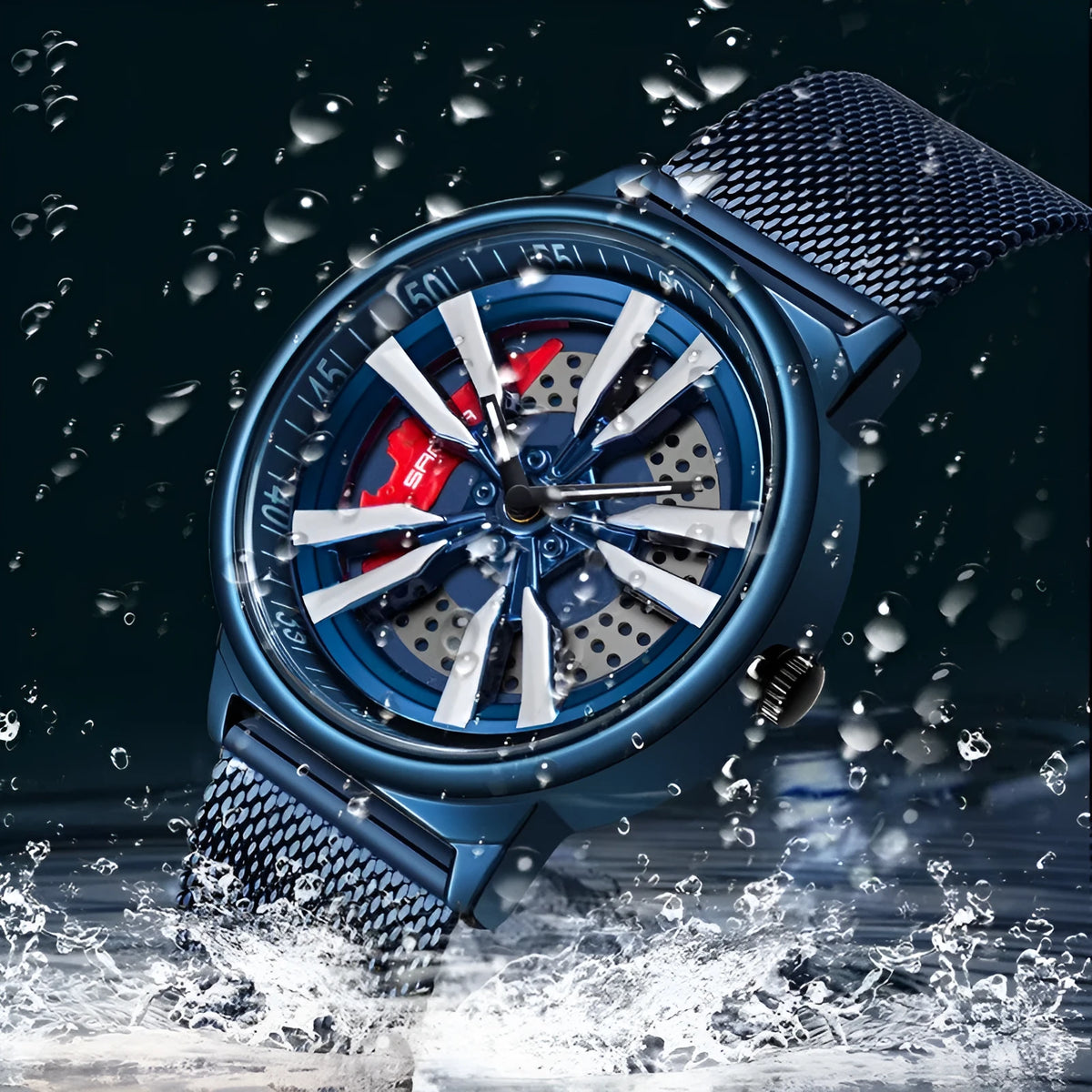 Men's creative rotating wheel quartz watch with blue dial and steel strap, 44mm alloy case