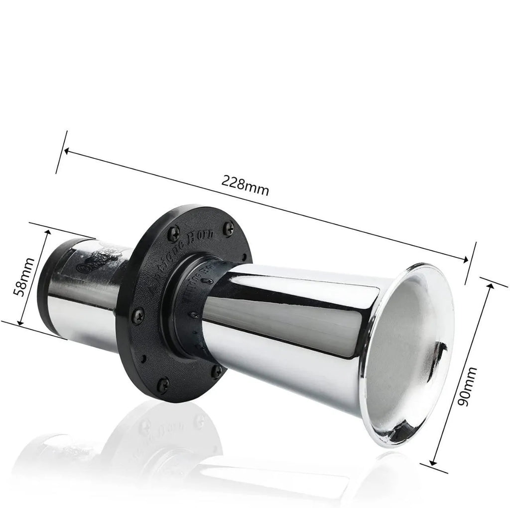 A silver and black 12v universal fit car horn for modified vehicles.