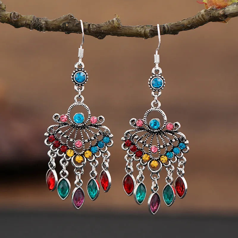 Retro long fringe drop earrings with crystals in smart water drop purple colour