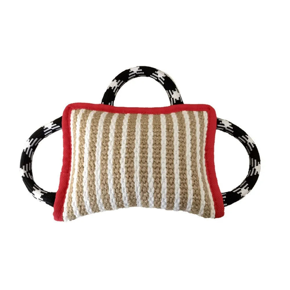 Dog rope tug toy with jute bite pillow and three handles in multiple colour options