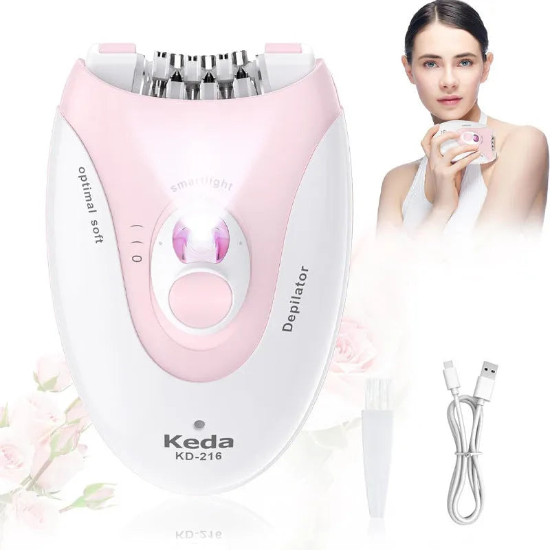 KEDA-216 coloured USB electric epilator for body hair removal with included charger and cleaning brush