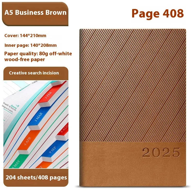 Business notepad with striped PU leather cover showing 204 sheet capacity and wood-free paper